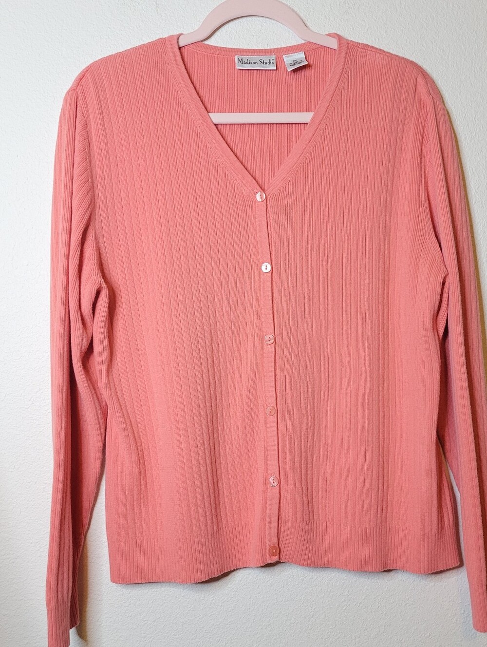 Vintage 90s/Y2K Salmon Pink Ribbed Cardigan - 100% Cotton XL EUC